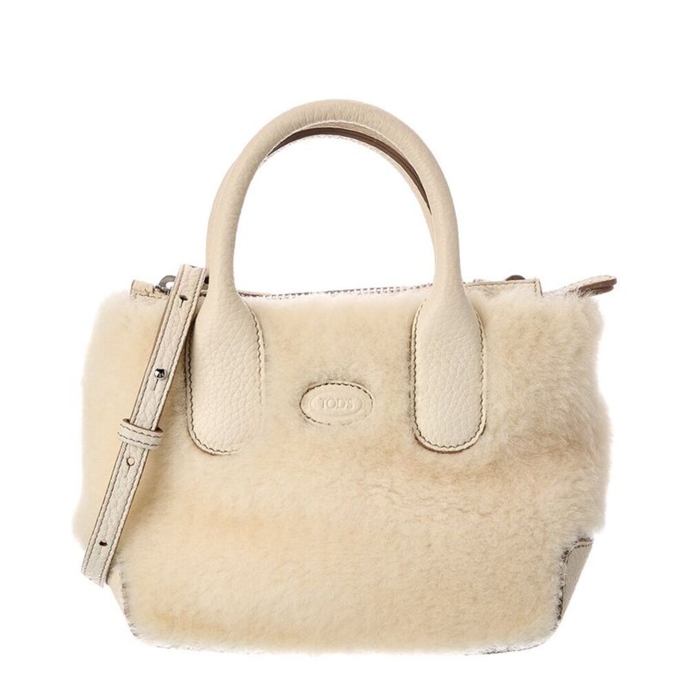 Tods Shearling & Leather Tote, White